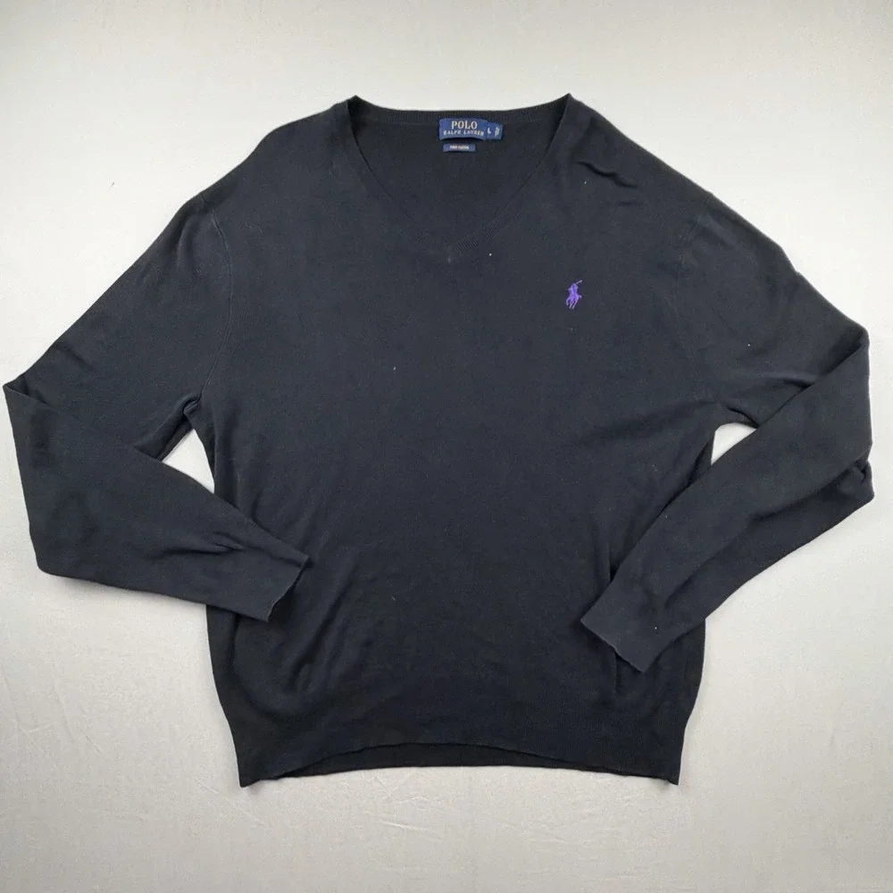 Polo Ralph Lauren Sweater Mens Large V‎ Neck Pullover Purple Pony Pima Cotton